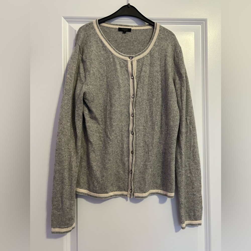 Vogue Silk and Cashmere Gray Cardigan with Cream Trim